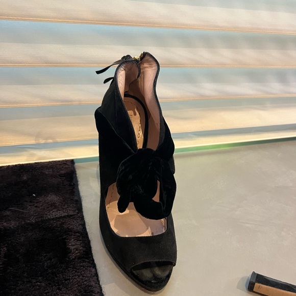 Miu Miu New Black Suede Velvet Bow Platform Pumps Booties Size 38 / 8 - Picture 3 of 4